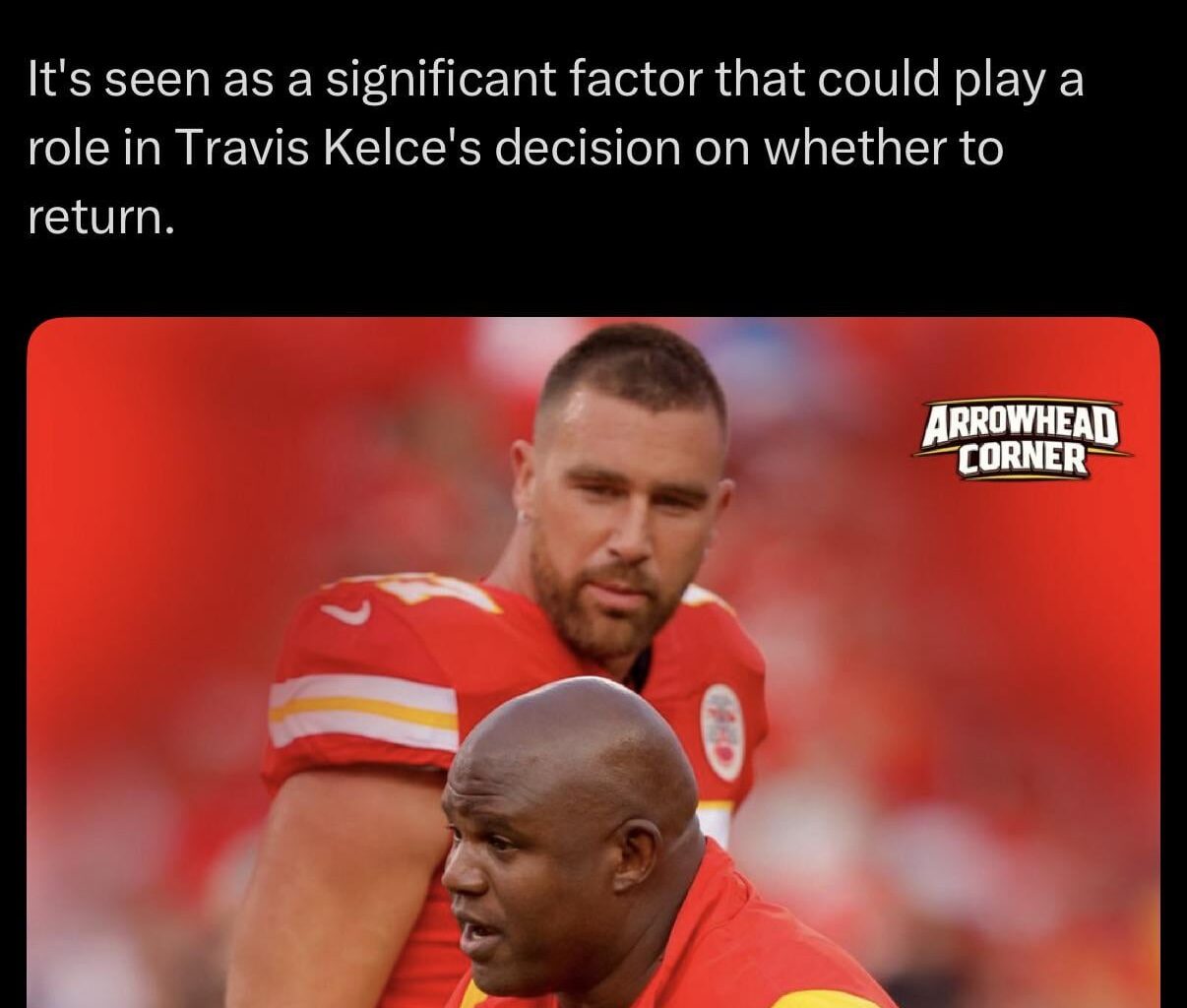 [Arrowhead Corner] There's strong player support inside the #Chiefs building for the return of Eric Bieniemy. It's seen as a significant factor that could play a role in Travis Kelce's decision on whether to return.
