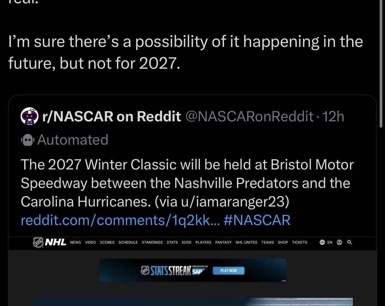 [Alex Daugherty] I’ve been told from a reliable source that this — Predators vs Hurricanes at Bristol in 2027 — is not real. I’m sure there’s a possibility of it happening in the future, but not for 2027