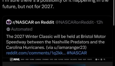 [Alex Daugherty] I’ve been told from a reliable source that this — Predators vs Hurricanes at Bristol in 2027 — is not real. I’m sure there’s a possibility of it happening in the future, but not for 2027