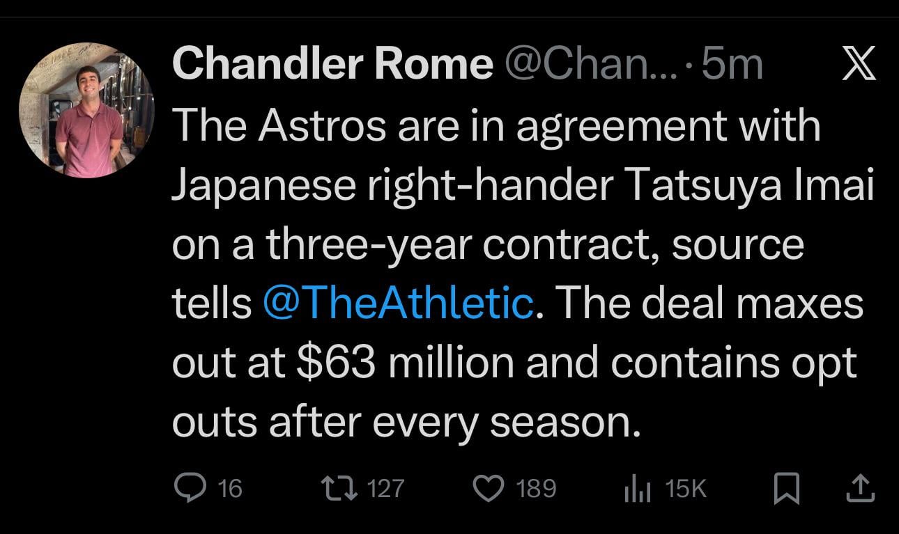 [Rome] The Astros are in agreement with Japanese right-hander Tatsuya Imai on a three-year contract, source tells @TheAthletic. The deal maxes out at $63 million and contains opt outs after every season.