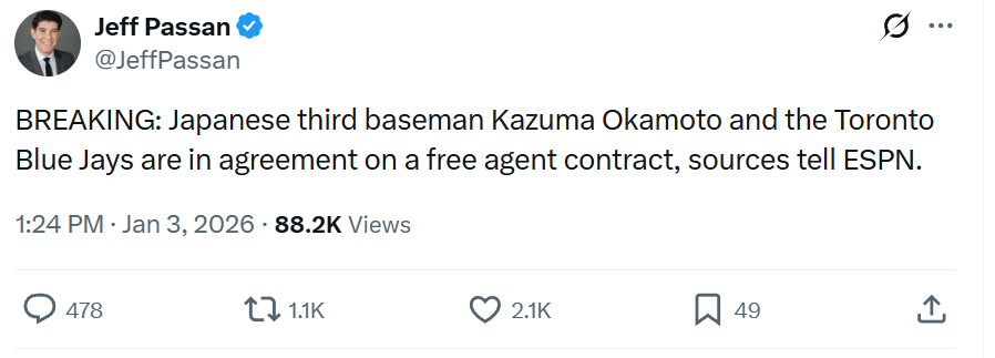Okamoto to the Blue Jays
