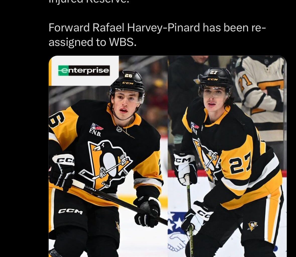 [Penguins] The Penguins have recalled forward Tristan Broz and defenseman Ryan Graves from the WBS Penguins (AHL). Defenseman Erik Karlsson has been placed on Injured Reserve. Forward Rafael Harvey-Pinard has been re-assigned to WBS.