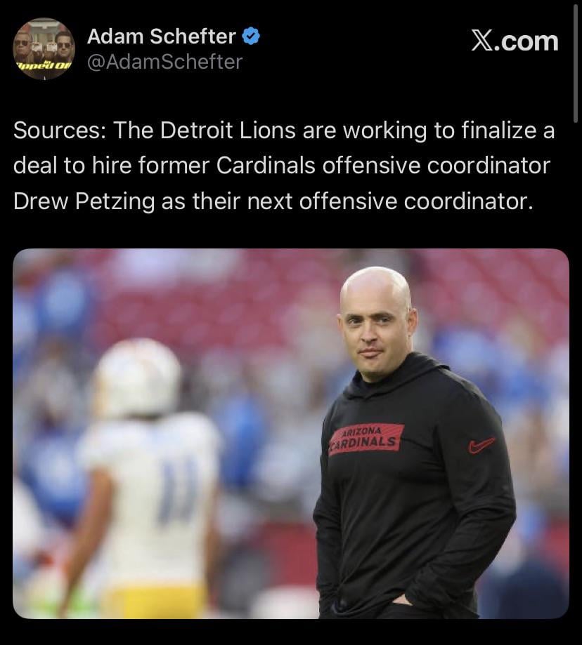 The Detroit Lions are working to finalize a deal to hire former Cardinals offensive coordinator Drew Petzing as their next offensive coordinator.