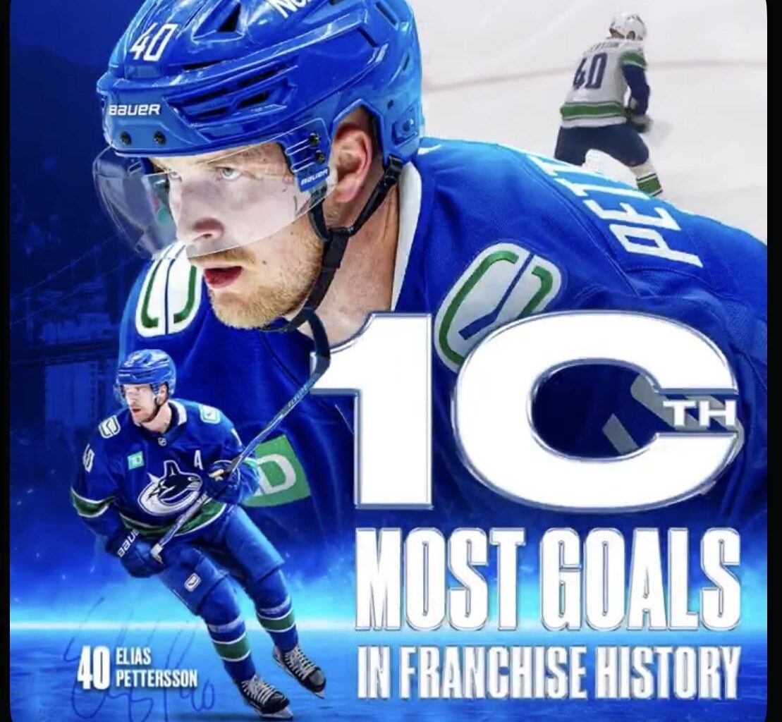 Elias Pettersson is now 10th all-time in goals in Canucks history! [@Canucks via X]