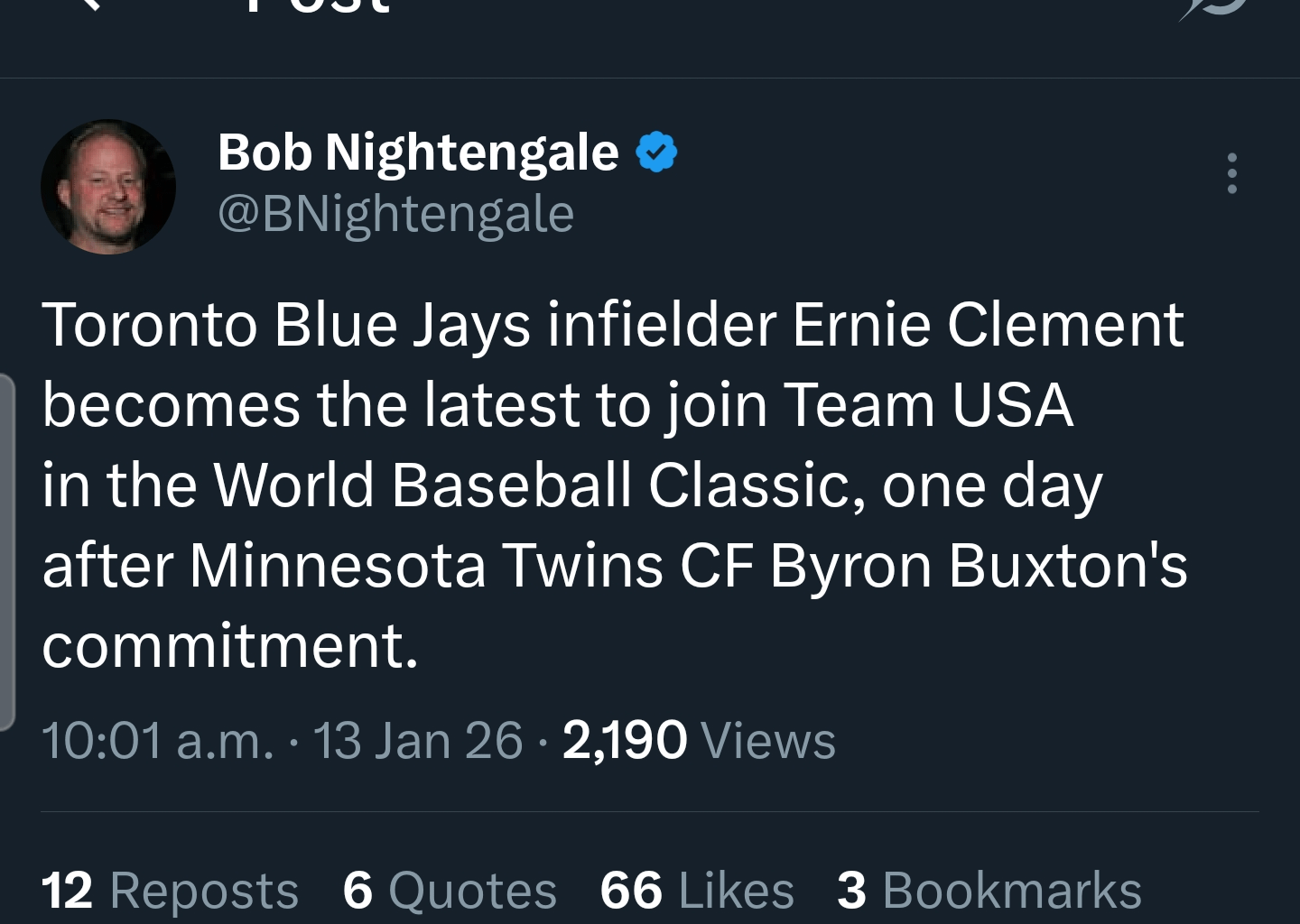 (Nightengale on X) Toronto Blue Jays Infielder Ernie Clement becomes latest to join Team USA in the World Baseball Classic