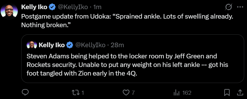 Steven Adams' Initial Injury Update: Sprained Ankle. Nothing broken.