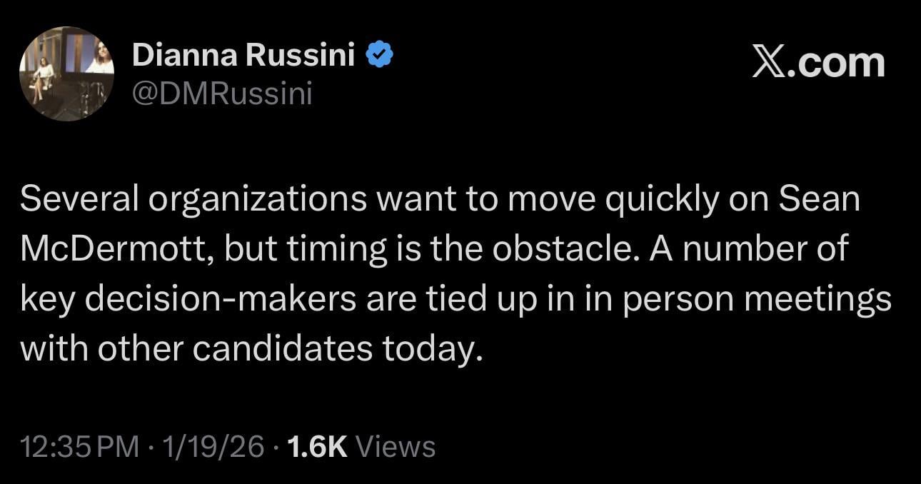 Per Russini, several teams want to move quickly on McDermott but some are “tied up in in-person meetings” with other HC candidates 🤔