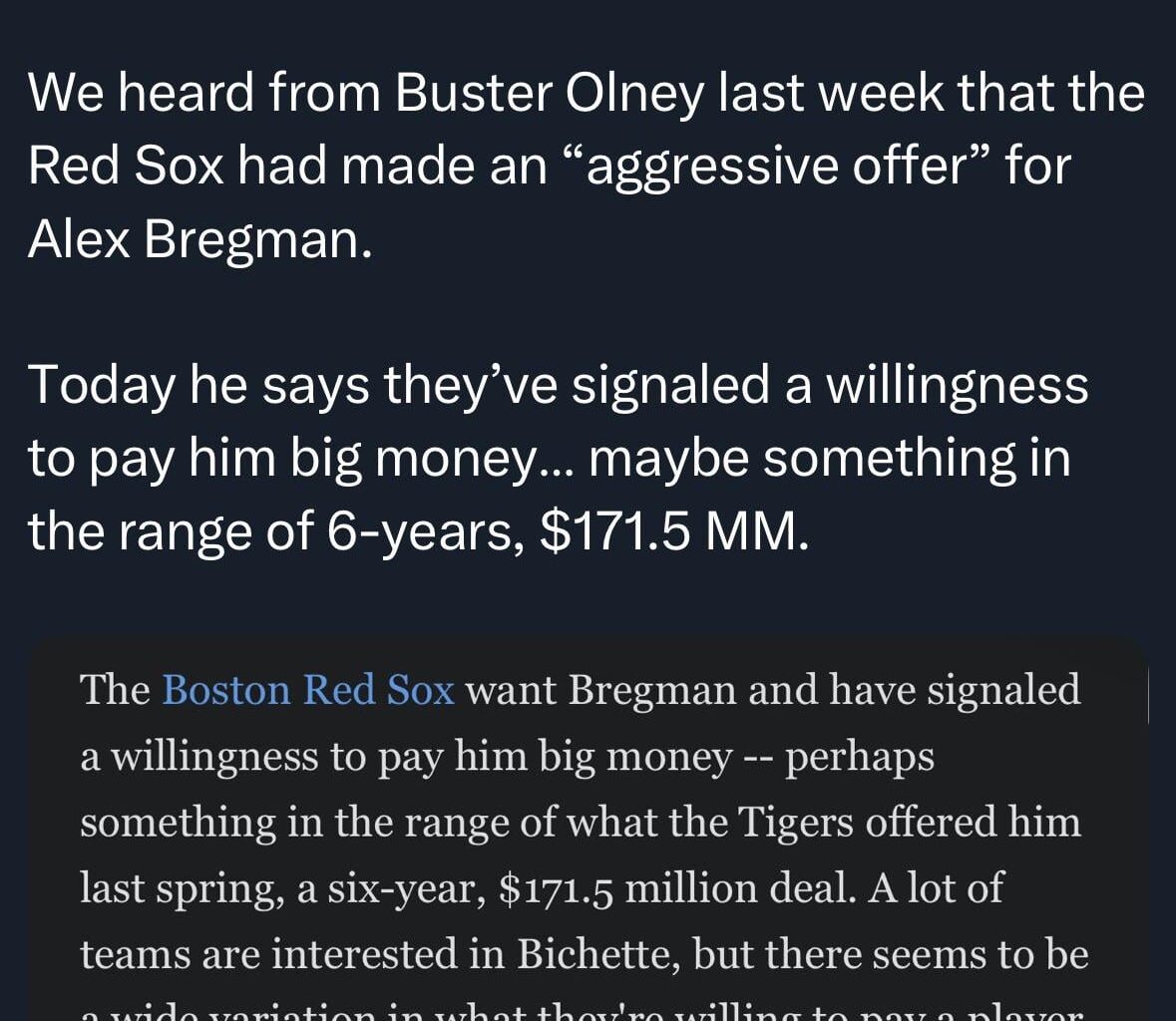 Olney: “Red Sox have ‘signaled a willingness’ to pay [Bregman] big money… perhaps something in the range of 6yrs/$171m”