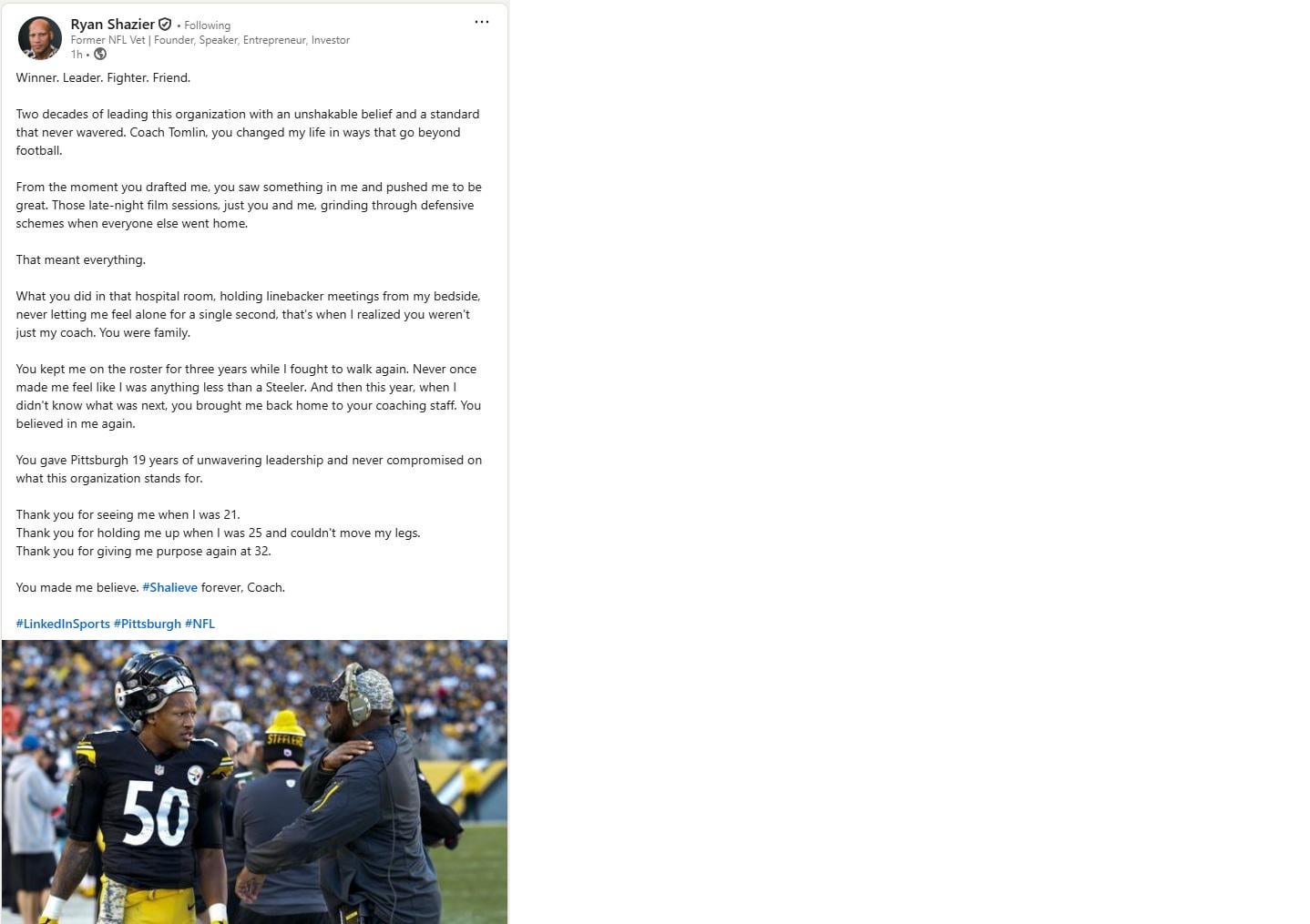 Shazier's LI Post about Tomlin