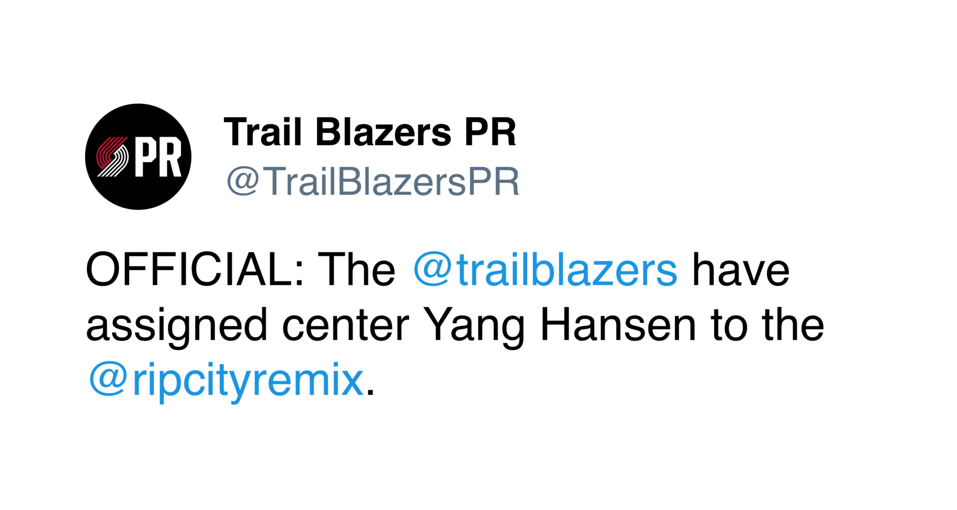 OFFICIAL: The @trailblazers have assigned center Yang Hansen to the @ripcityremix.