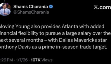 [Shams] Moving Young also provides Atlanta with added financial flexibility to pursue a large salary over the next several months – with Dallas Mavericks star Anthony Davis as a prime in-season trade target.