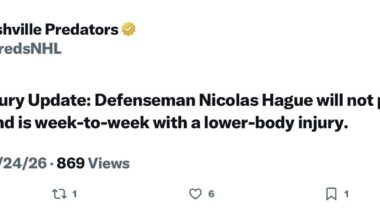 [Nashville Predators] Injury Update: Defenseman Nicolas Hague will not play today vs. Utah and is week-to-week with a lower-body injury.