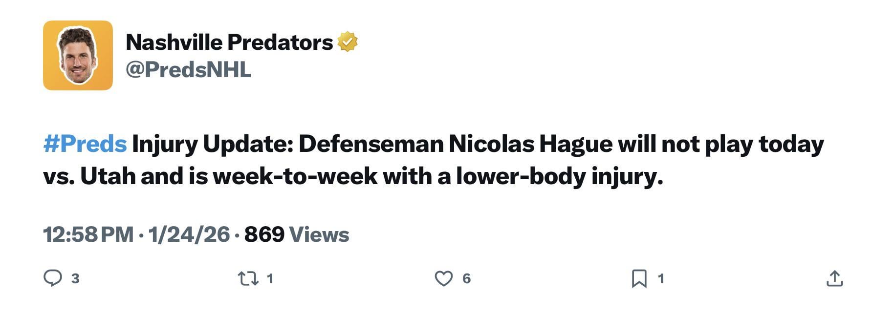 [Nashville Predators] Injury Update: Defenseman Nicolas Hague will not play today vs. Utah and is week-to-week with a lower-body injury.