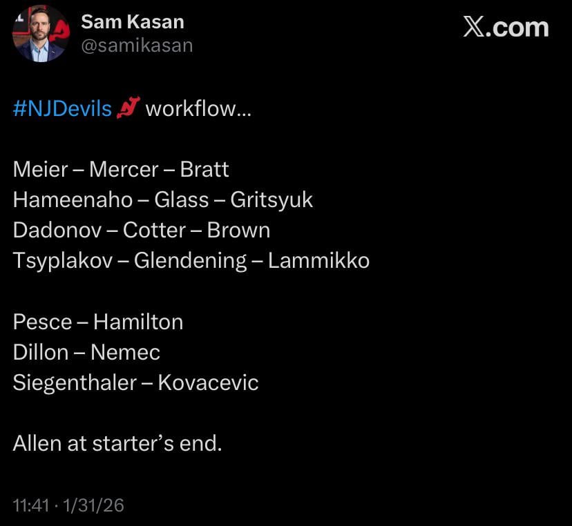 1/31 Morning Skate - Glass is at practice. Hischier game time decision due to illness. Hughes not at morning skate; will get an update from Sheldon Keefe after skate.