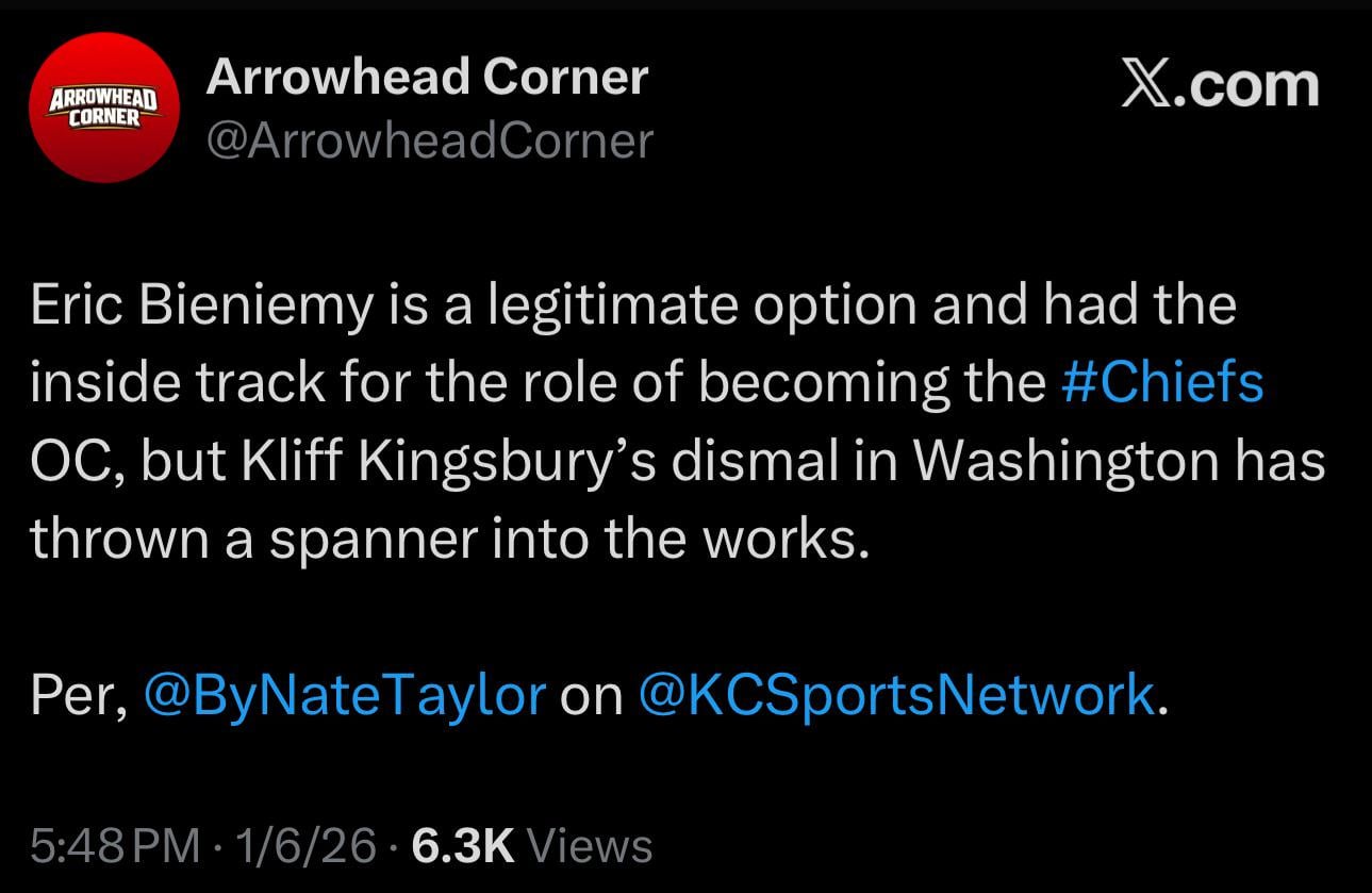 [Arrowhead Corner] Eric Bieniemy is a legitimate option and had the inside track for the role of becoming the #Chiefs OC, but Kliff Kingsbury’s dismal in Washington has thrown a spanner into the works. Per, @ByNateTaylor on @KCSportsNetwork.