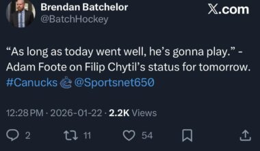[Batchelor] “As long as today went well, [Chytil’s] gonna play.” - Adam Foote on Filip Chytil’s status for tomorrow.