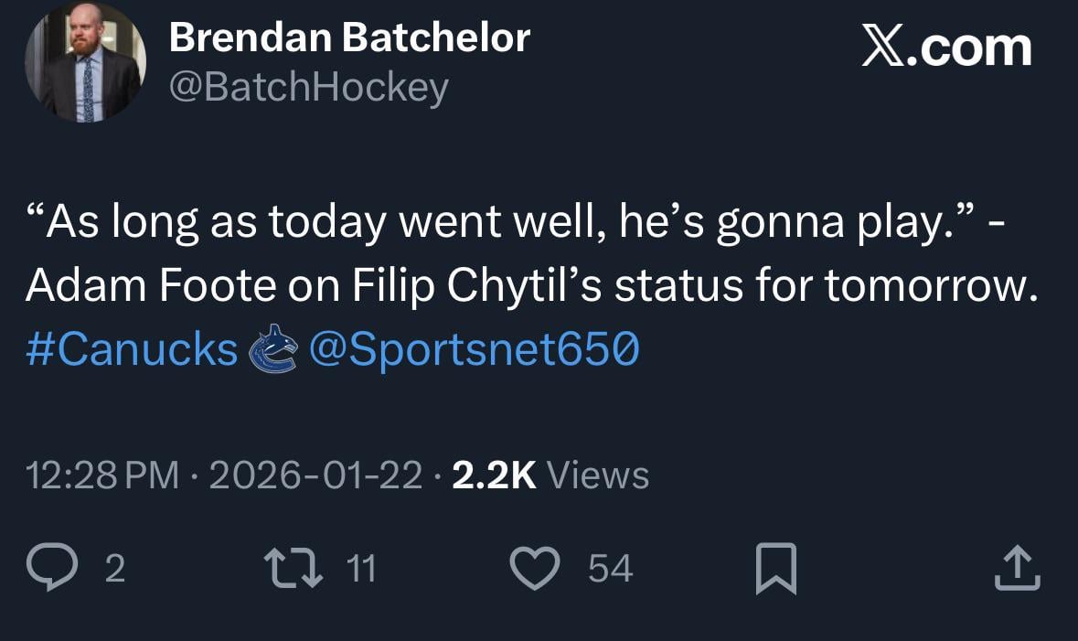 [Batchelor] “As long as today went well, [Chytil’s] gonna play.” - Adam Foote on Filip Chytil’s status for tomorrow.