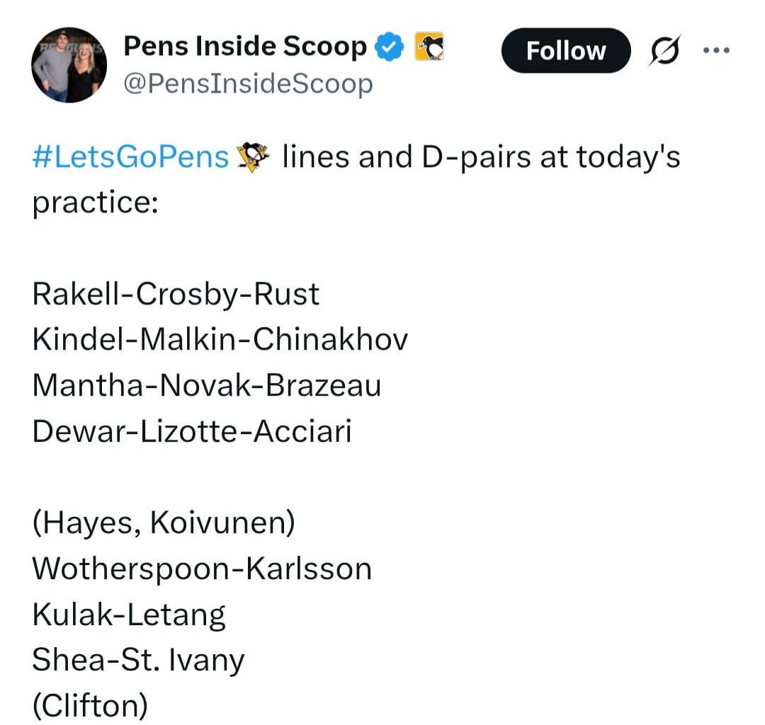 Penguins lines at practice today. Apparently kindel and malkin were taking turns at 2C and left wing.
