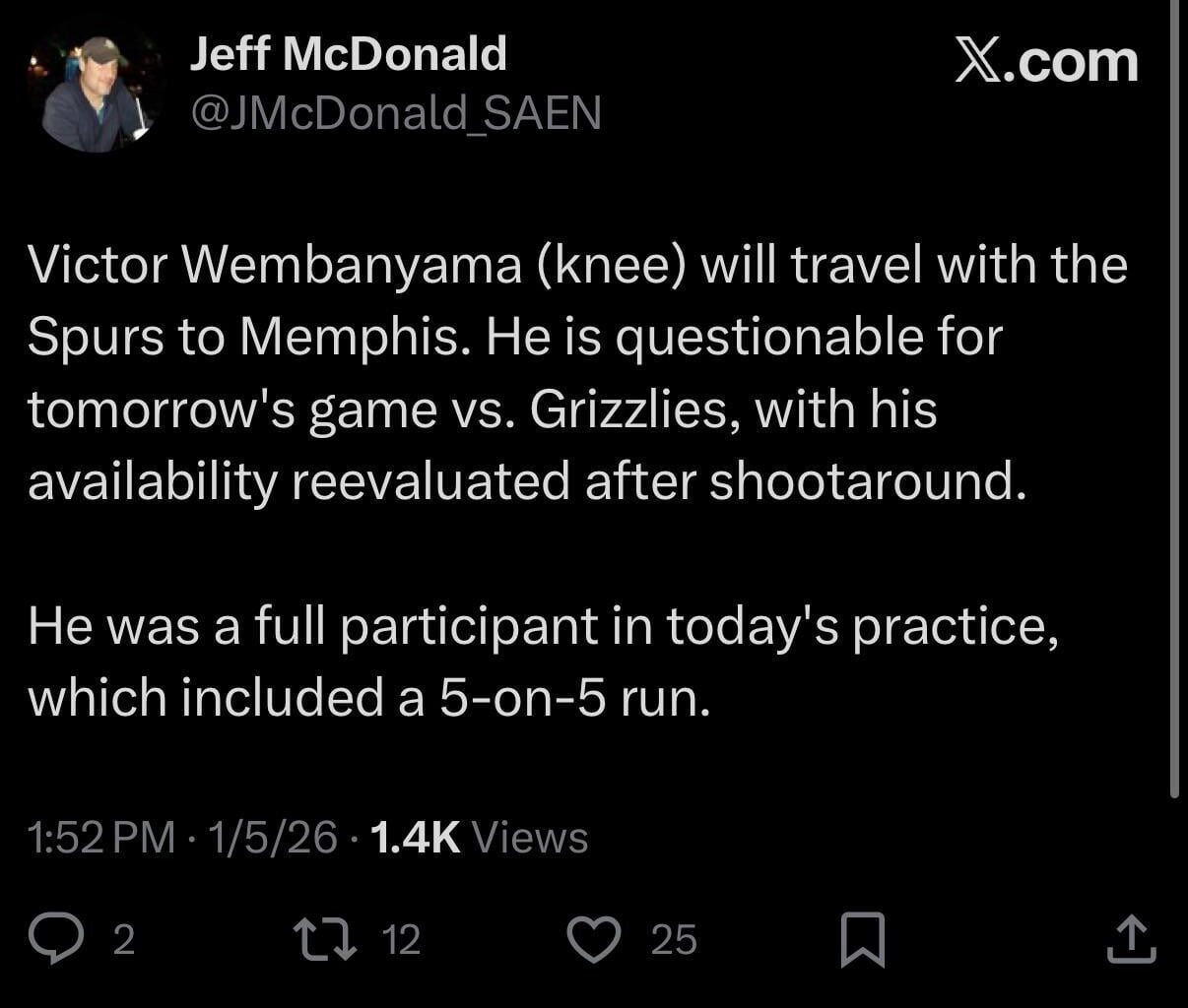 [McDonald] Wemby was a full participant at practice and is questionable for tomorrow