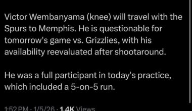 [McDonald] Wemby was a full participant at practice and is questionable for tomorrow
