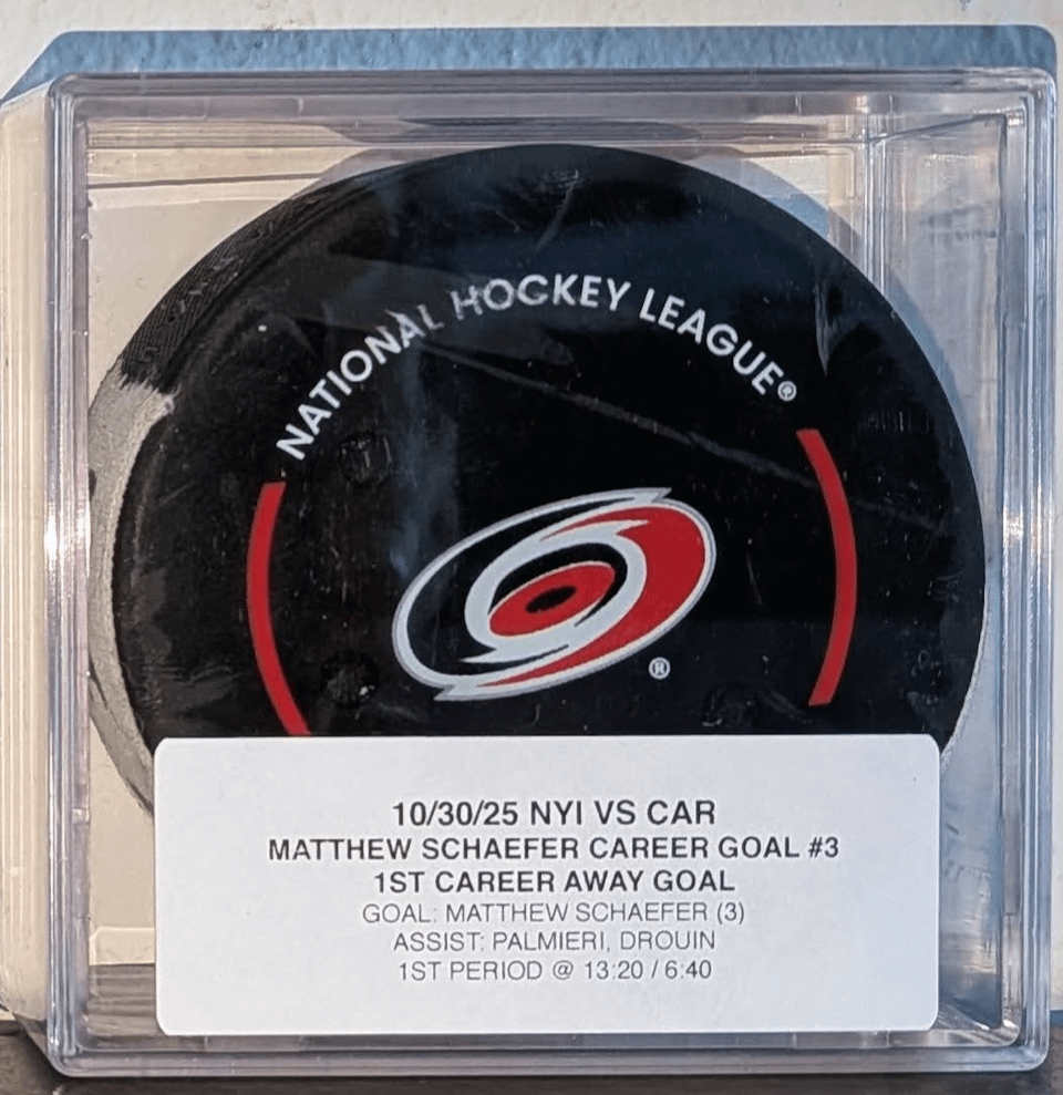 Stoked to land this one: Game-used goal puck for Matthew Schaefer career goal #3! It's his first career away goal.  Likely to be the first publicly available goal puck for Schaefer. He kept his 1st goal, & Islanders almost certainly kept his 2nd goal (also at home) for their franchise archive.