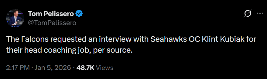The Falcons requested an interview with Seahawks OC Klint Kubiak for their head coaching job, per source.