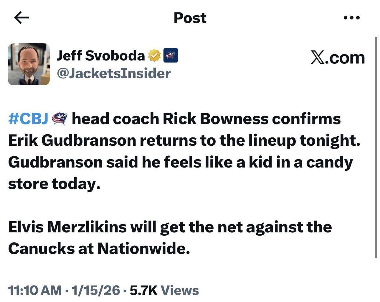Erik Gudbranson Returns Tonight