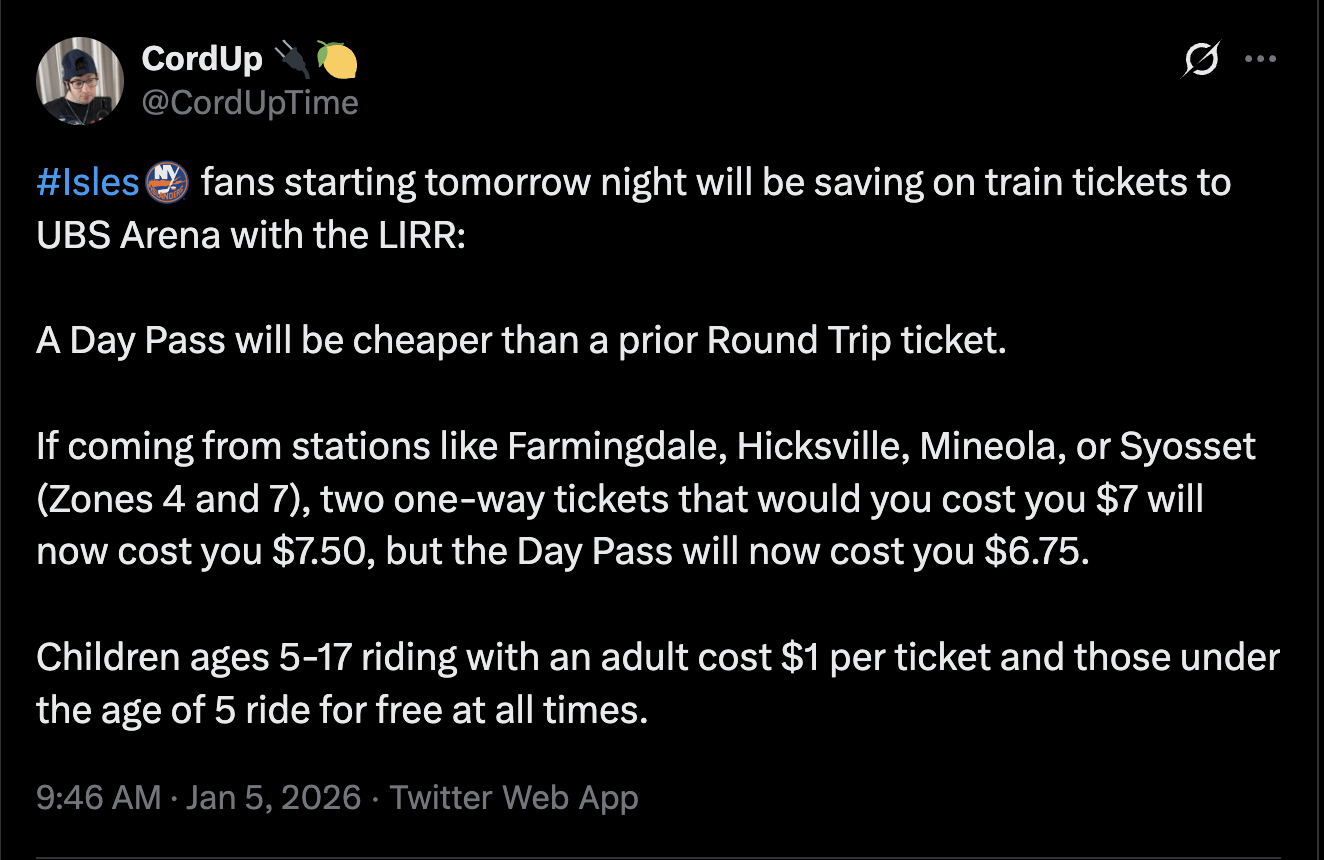 Changes to the LIRR ticketing system will make round-trip travel to Isles games a bit cheaper, especially if you have kids. Reminder: You can always drive to one of the main-line stations and shuttle in on the train.