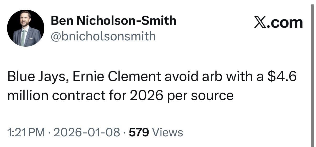 [BNS] Blue Jays, Ernie Clement avoid arb with a $4.6 million contract for 2026 per source