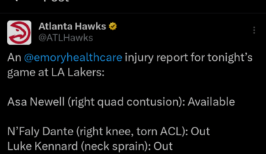 [Atl Hawks] Asa Newell (right quad contusion): Available N’Faly Dante (right knee, torn ACL): Out Luke Kennard (neck sprain): Out Kristaps Porzingis (left Achilles tendinitis): Out Zaccharie Risacher (left knee, bone contusion): Out