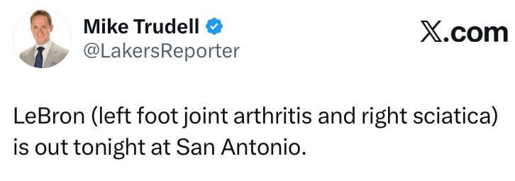 Mike Trudell: LeBron (left foot joint arthritis and right sciatica) is out tonight at San Antonio.