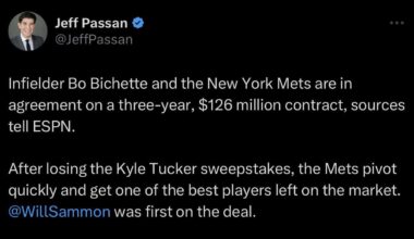[Passan] Infielder Bo Bichette and the New York Mets are in agreement on a three-year, $126 million contract, sources tell ESPN.