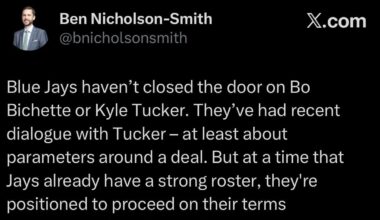 [BNS] Blue Jays haven’t closed the door on Bo Bichette or Kyle Tucker. They’ve had recent dialogue with Tucker – at least about parameters around a deal. But at a time that Jays already have a strong roster, they're positioned to proceed on their terms