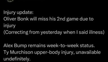 [Rotruck] (Phantoms) Injury update: Oliver Bonk will miss his 2nd game due to injury. Alex Bump remains week-to-week status. Ty Murchison upper-body injury, unavailable undefinitely.