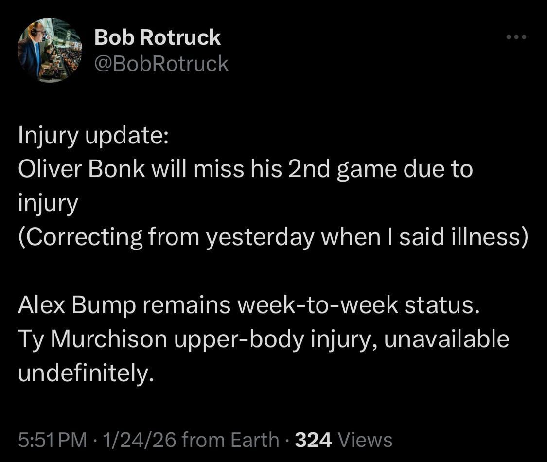 [Rotruck] (Phantoms) Injury update: Oliver Bonk will miss his 2nd game due to injury. Alex Bump remains week-to-week status. Ty Murchison upper-body injury, unavailable undefinitely.