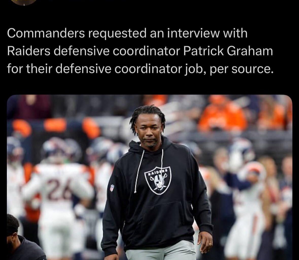 [Schefter] Commanders requested an interview with Raiders defensive coordinator Patrick Graham for their defensive coordinator job, per source.