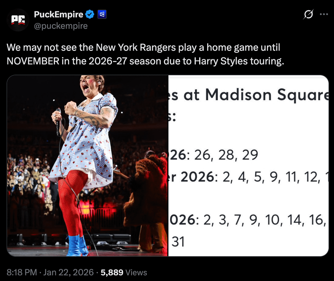 [PuckEmpire] We may not see the New York Rangers play a home game until November in the 2026-27 season due to Harry Styles touring.