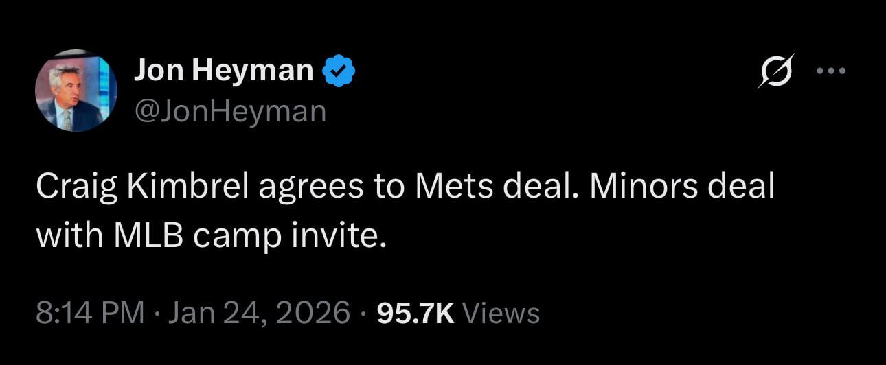 [Heyman] Craig Kimbrel agrees to Mets deal. Minors deal with MLB camp invite.