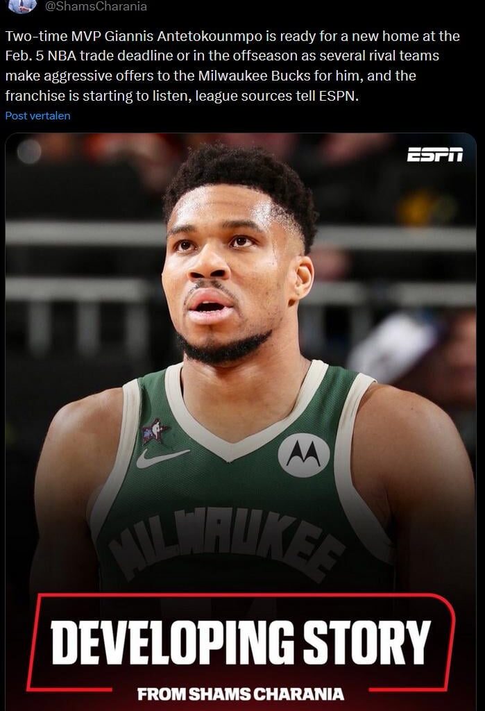 [Shams Charania]Two-time MVP Giannis Antetokounmpo is ready for a new home at the Feb. 5 NBA trade deadline or in the offseason as several rival teams make aggressive offers to the Milwaukee Bucks for him, and the franchise is starting to listen, league sources tell ESPN.