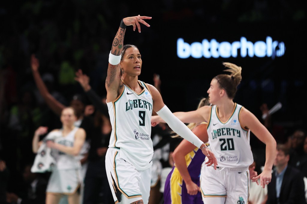 New York Liberty guard Natasha Cloud (9) reacts after scoring a three-point basket during the second half of a game against the Los Angeles Sparks at the Barclays Center in Brooklyn, N.Y. on Saturday, July 26, 2025.