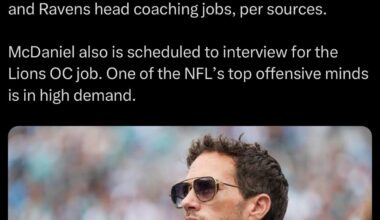 [Pelissero] Former Dolphins coach Mike McDaniel will interview this week for the Browns, Falcons, Titans and Ravens head coaching jobs, per sources. McDaniel also is scheduled to interview for the Lions OC job. One of the NFL’s top offensive minds is in high demand.