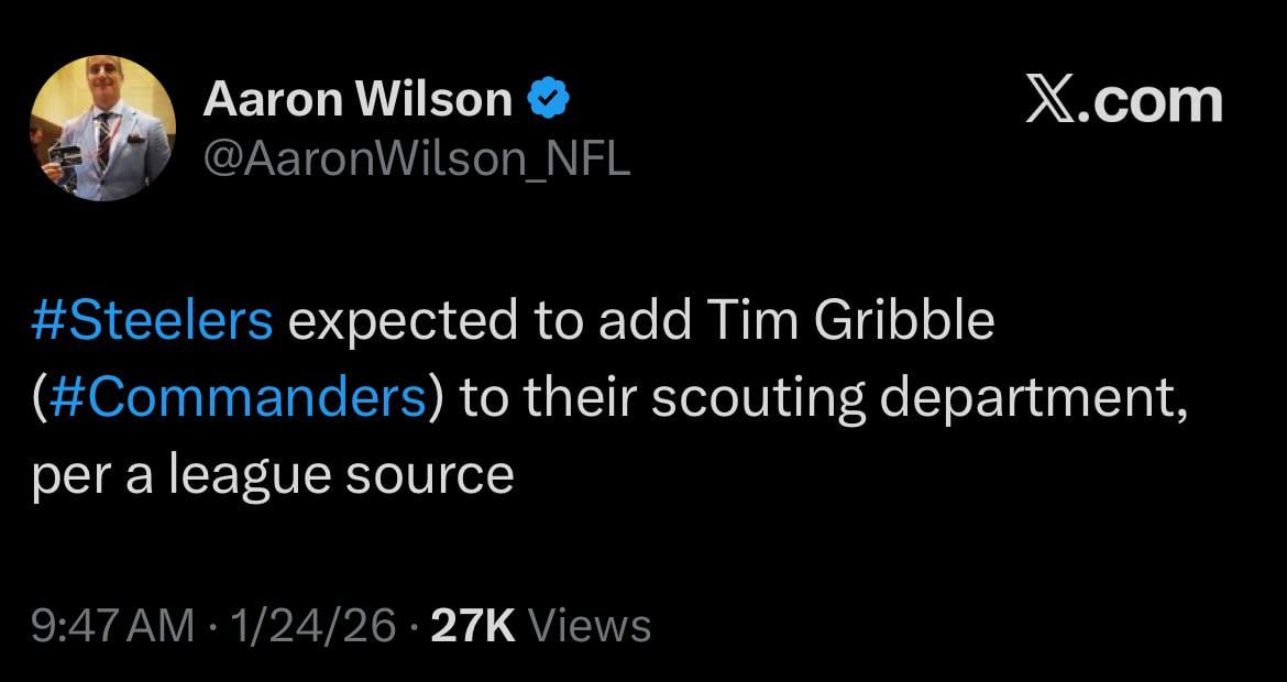Tim Gribble leaving Commanders role as Head of College Scouting to join the Pittsburgh Steelers. Major change in WSH right before draft season