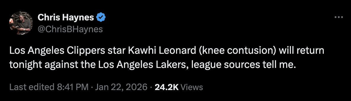 [Chris Haynes] Los Angeles Clippers star Kawhi Leonard (knee contusion) will return tonight against the Los Angeles Lakers, league sources tell me.