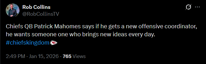 [Collins] Chiefs QB Patrick Mahomes says if he gets a new offensive coordinator, he wants someone one who brings new ideas every day.