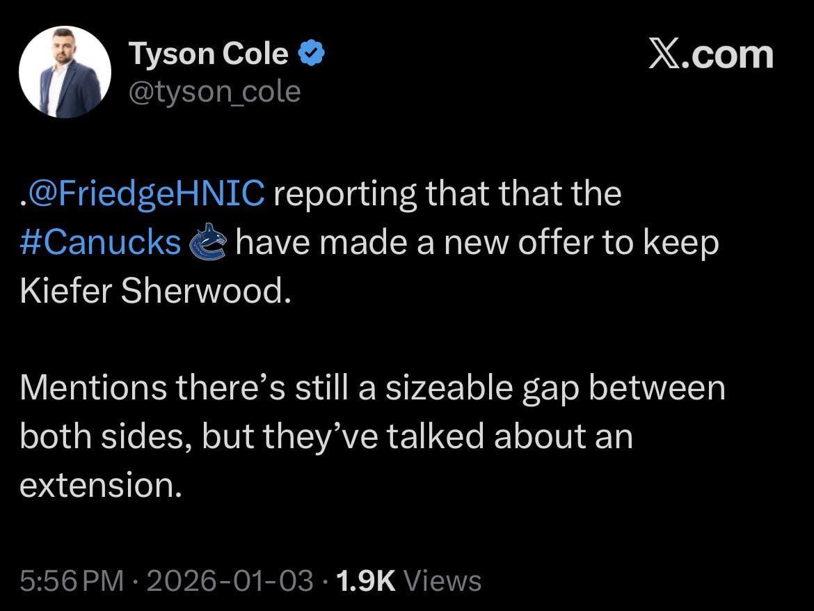 Friedman via HNIC Saturday Headlines: Canucks made an extension offer to Sherwood…[Tyson Cole via X]