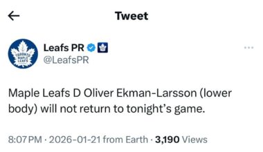 [Leafs] Maple Leafs D Oliver Ekman-Larsson (lower body) will not return to tonight’s game.