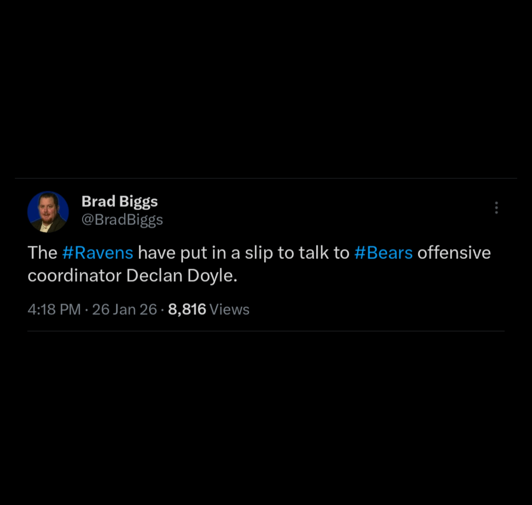 [Brad Biggs] The #Ravens have put in a slip to talk to #Bears offensive coordinator Declan Doyle.