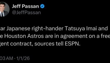 [Passan] Star Japanese right-hander Tatsuya Imai and the Houston Astros are in agreement on a free agent contract, sources tell ESPN.