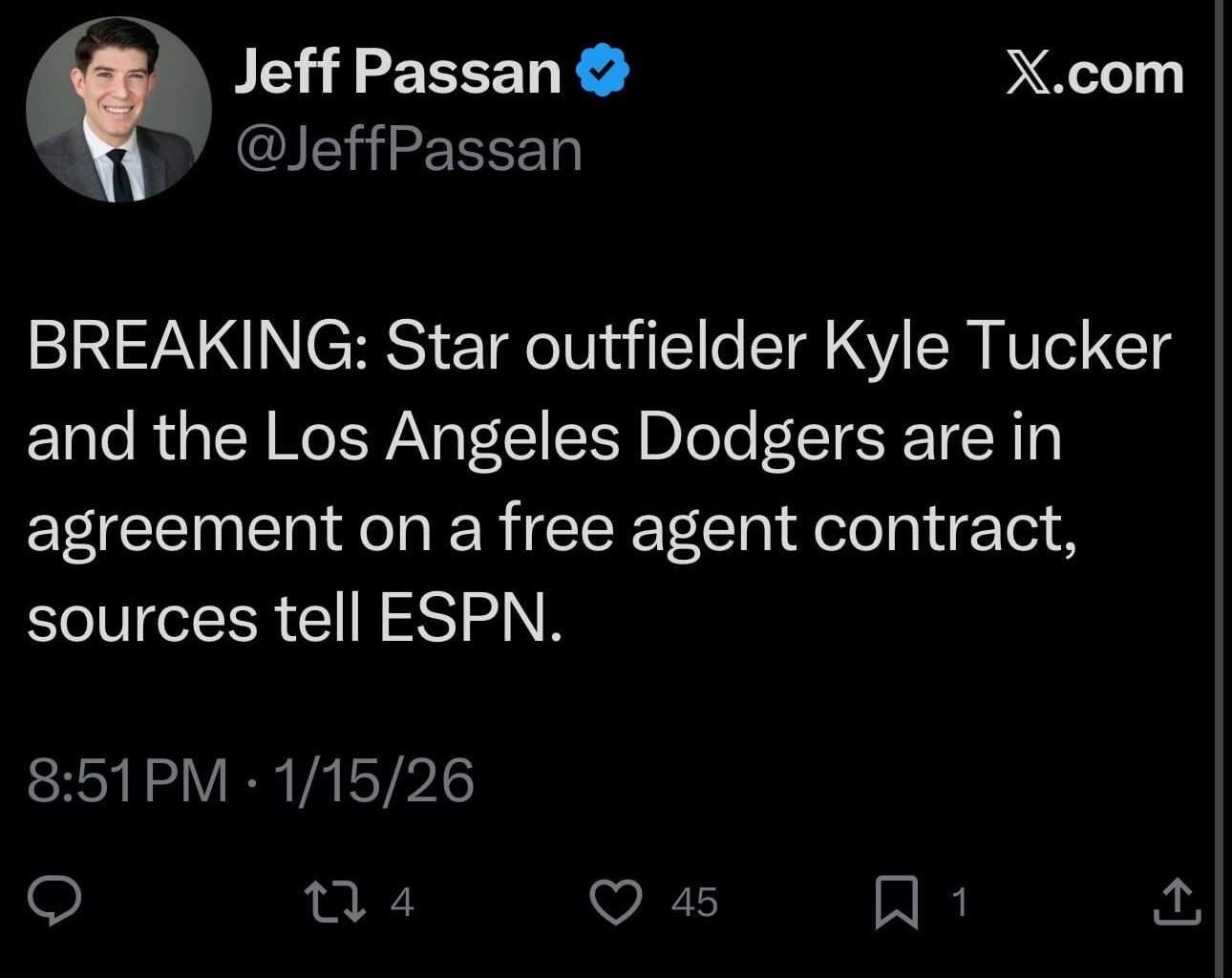 [Passan] BREAKING: Star outfielder Kyle Tucker and the Los Angeles Dodgers are in agreement on a free agent contract, sources tell ESPN.