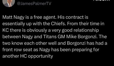 [James Palmer] Nagy is a free agent. His contract is essentially up with the Chiefs. From their time in KC there is obviously a very good relationship between Nagy and Titans GM Mike Borgonzi.